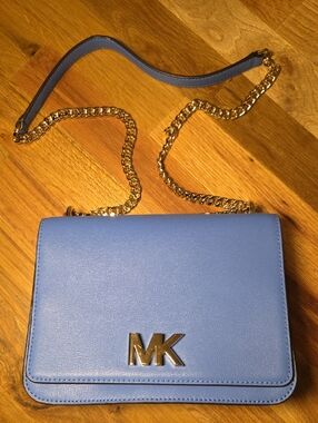 Michael Kors Mott Large Chain Shoulder Bag Blue Leather Gold Hardware NWT